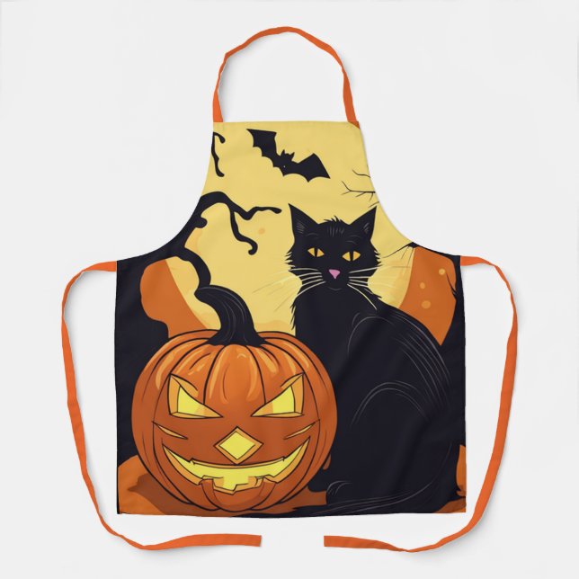 Tablier Halloween Aprons, Pleine lune Halloween Chat noir (Recto)