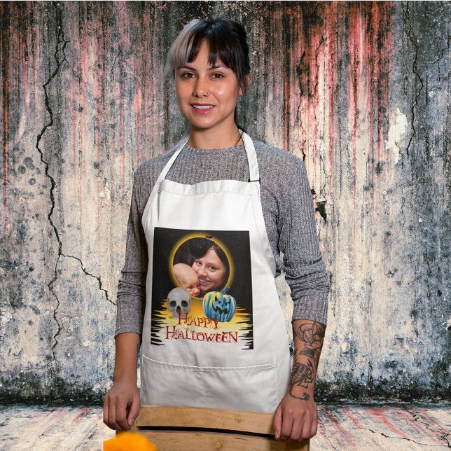 Tablier Halloween cadre photo Squelette et Jack-o'-lantern (Halloween Photo Frame Skeleton and Jack o Lantern Adult Apron)