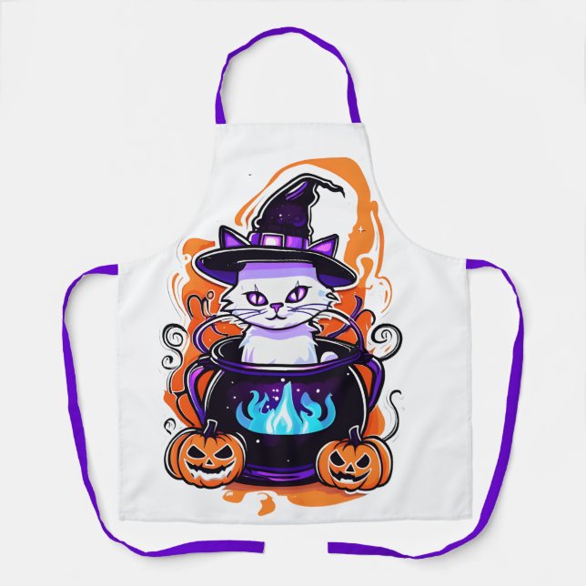 Tablier Halloween Cat Apron - Witch Cauldron Design (Recto)
