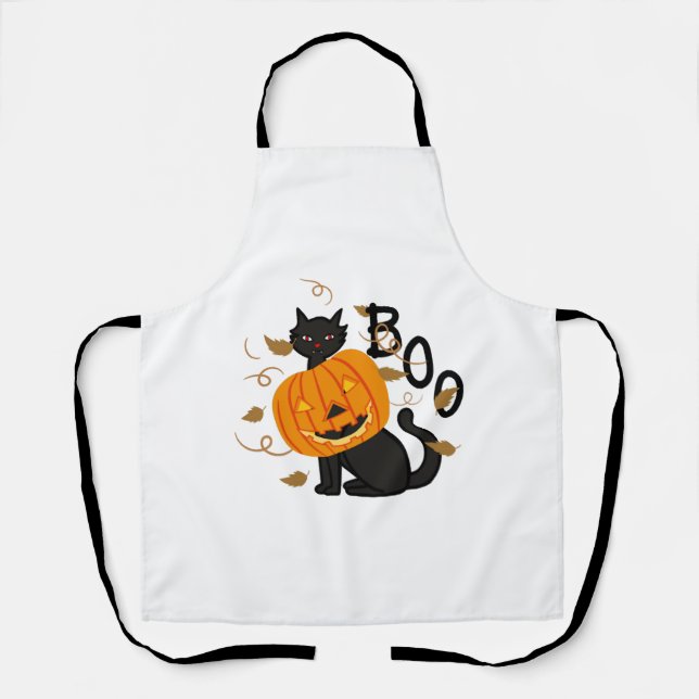 Tablier Halloween chat noir Boo (Recto)