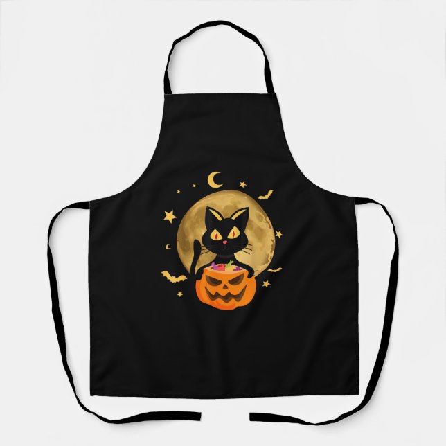 Tablier Halloween Chat noir Citrouille effrayant sur la lu (Recto)