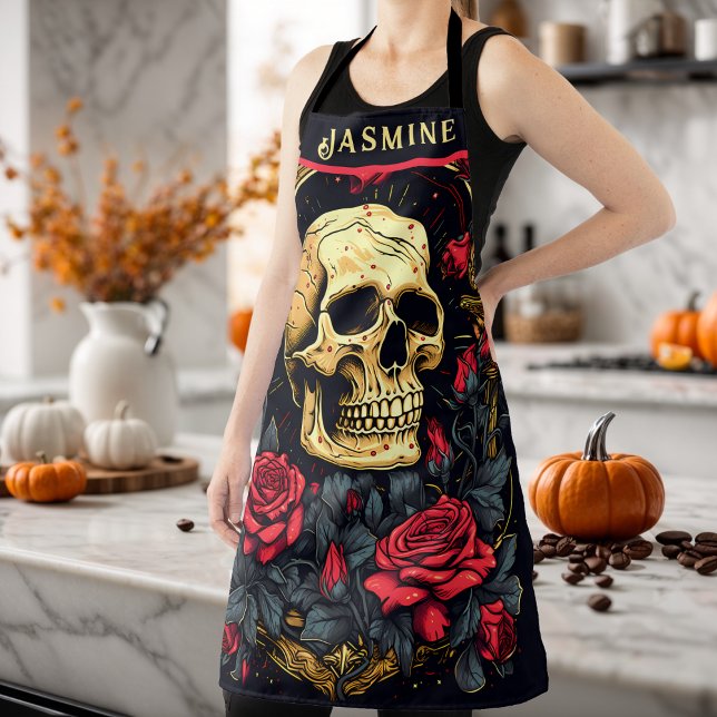 Tablier Halloween gothique des Roses rouges (Skull and Roses Apron Make You Halloween Party Ready )