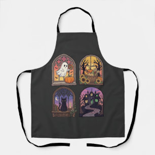 Tablier Halloween Gothique Fenêtre Fantôme Citrouille Chat