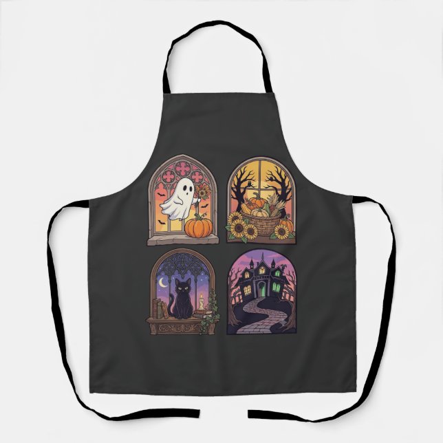 Tablier Halloween Gothique Fenêtre Fantôme Citrouille Chat (Recto)