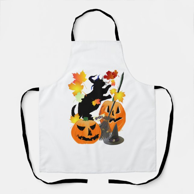 Tablier Halloween Noir Kitty Batting Joli Feuilles (Recto)