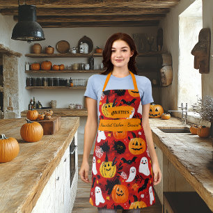Tablier Halloween rouge avec Citrouilles, fantômes et chau