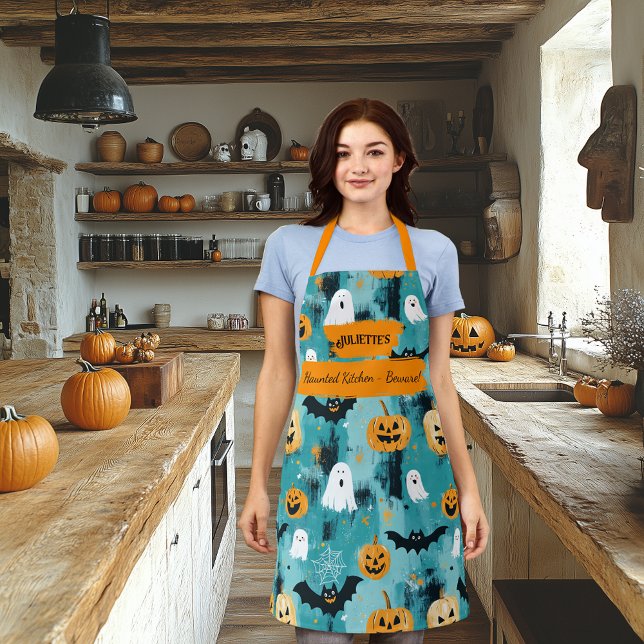 Tablier Halloween sarcelle avec fantômes, citrouilles et c (Créateur téléchargé)
