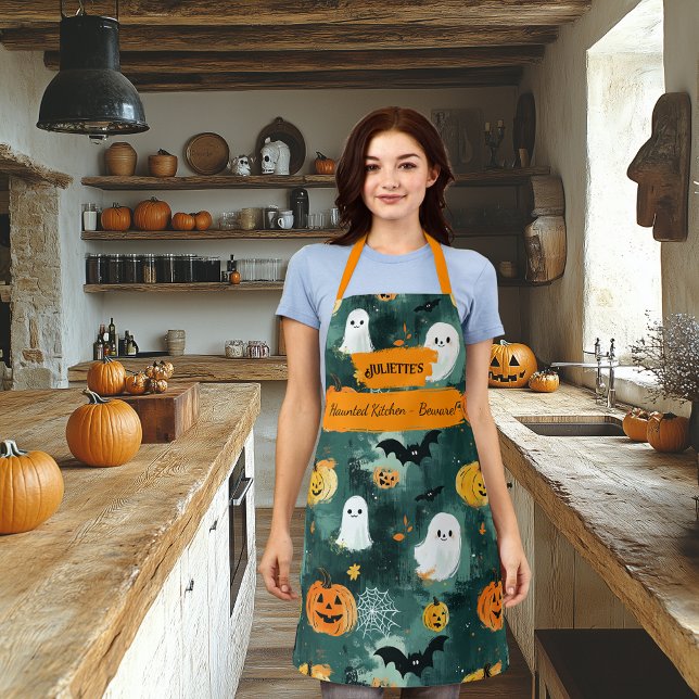 Tablier Halloween vert foncé avec Fantômes, Citrouilles, c (Créateur téléchargé)