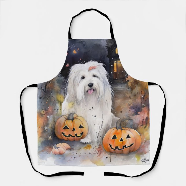 Tablier Halloween vieux chien anglais avec la peur Citroui (Recto)
