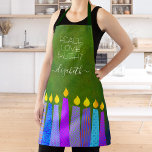 Tablier Hanoukka Menorah bougies sur Green Peace Love Ligh<br><div class="desc">"Paix, amour et lumière." Voici une façon merveilleuse d’ajouter à l’amusement de votre cuisine de vacances. Ajoutez un éclat supplémentaire à vos aventures culinaires de vacances chaque fois que vous portez ce tablier Hanoukka étonnant, coloré et personnalisé. Une illustration ludique et artistique de bougies bleues à la menorah avec des...</div>