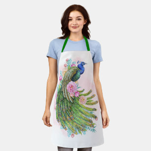 Tablier Haut à bretelle de beauté paon aquarelle verte