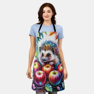 Tablier Hérisson aquarelle vibrant avec des pommes d'autom