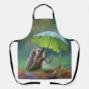 Tablier Hérisson mignon tenant un parapluie de feuilles