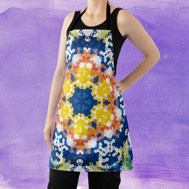 Tablier Hex Mandala bleu jaune orange et vert (Blue Yellow Orange and Green Hexagon Mandala Apron by Wormhole Orbital)