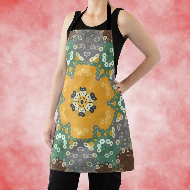 Tablier Hex Mandala Jaune Turquoise et Brown (Yellow Teal and Brown Hexagon Mandala Apron by Wormhole Orbital.)
