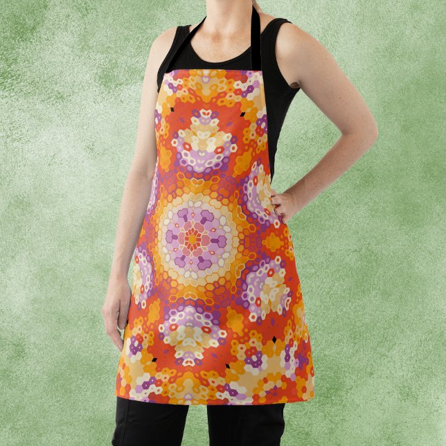 Tablier Hex Mandala orange violet blanc (Orange Purple and White Hexagon Mandala Apron by Wormhole Orbital)