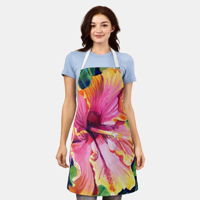 Tablier Hibiscus rose moderne (Porté)