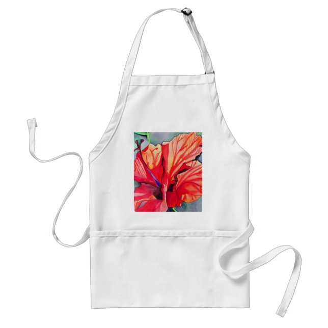 Tablier Hibiscus rouge fleurs tropicales aquarelle art (Devant)