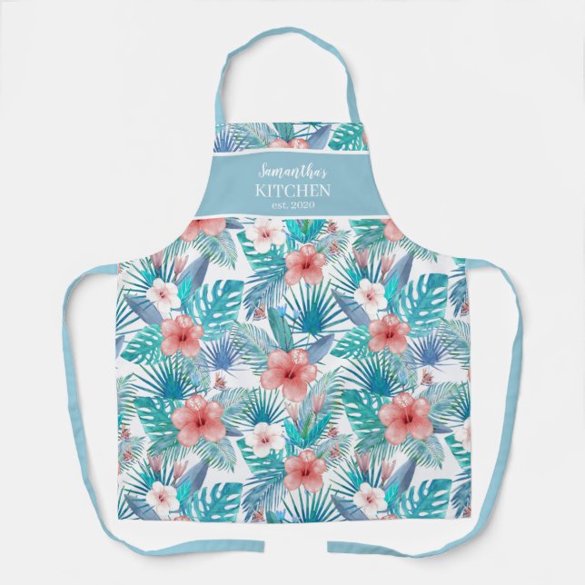 Tablier Hibiscus tropical floral Nom personnalisé Apron (Recto)