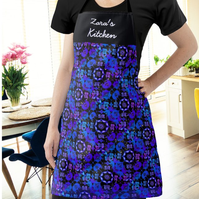 Tablier Hippie Super Motif bleu pourpre Personnalisé (An apron in boho hippie style with pattern in blue, purple, black and white with fade effects)