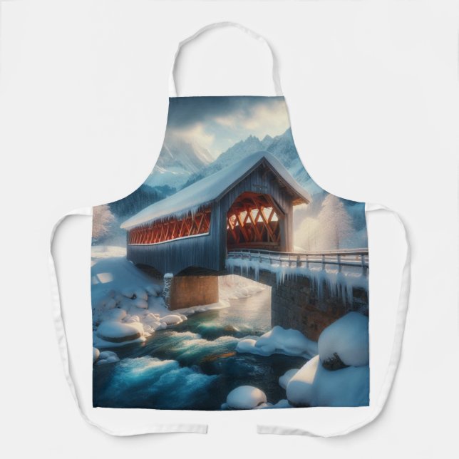 Tablier Hiver, pont enneigé et rivière (Recto)