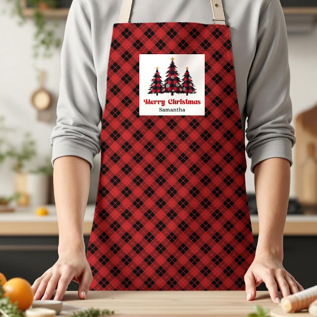 Tablier Holiday Buffalo Plaid Trees Personalized Name (Holiday Buffalo Plaid Tree Personalized Name Cooking Apron)