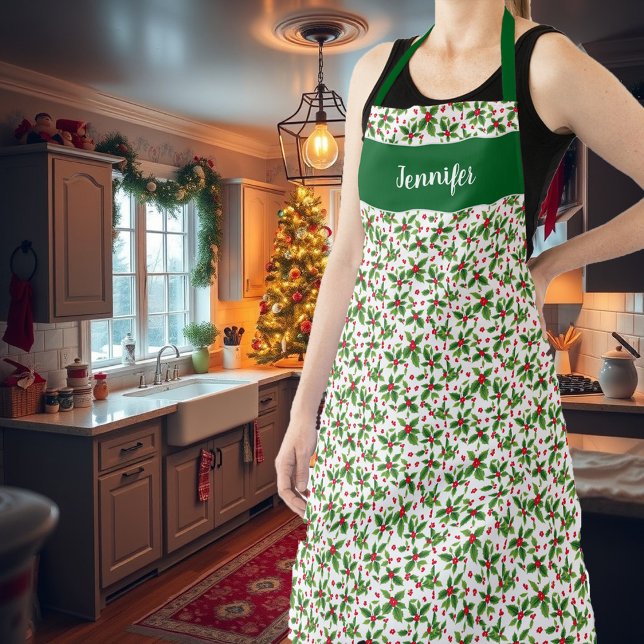 Tablier Holiday Christmas holly berries monogram name (Holiday holly berries monogram name Christmas Apron. You can add your own name to personalize.)