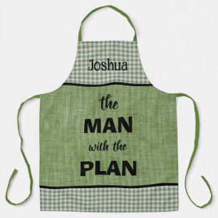 Tablier Homme au plan monogrammé vert + carreaux gingembre