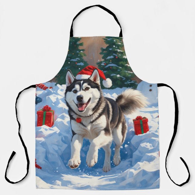 Tablier Husky sibérien courant dans la neige avec un chape (Recto)