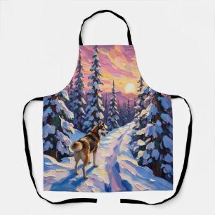 Tablier Husky vintage sur le sentier forestier enneigé de 