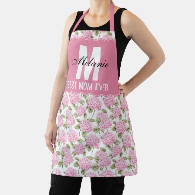 Tablier Hydragea rose Motif Floral Monogramme Meilleure ma (Insitu)