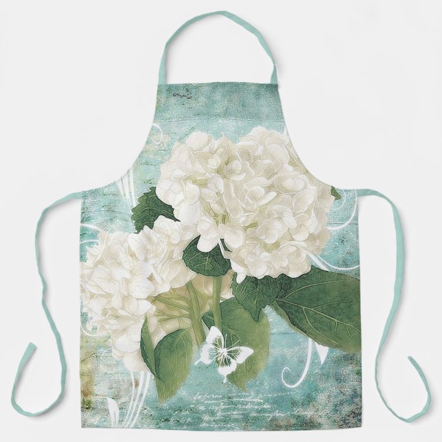 Tablier Hydrangea blanche sur fond bleu (Recto)