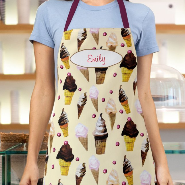 Tablier Ice Cream Parlor Buttercream Yellow Personalized (This retro buttercream ice cream apron features hand-painted art of chocolate and vanilla cones.)
