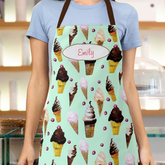 Tablier Ice Cream Parlor Mint Green Personalized (This retro mint green ice cream apron features my own watercolor art of chocolate and vanilla cones.)