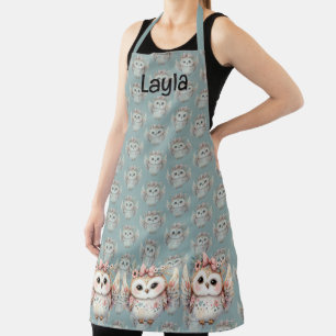 Tablier Illustration de chouette bohème kawaii bleue
