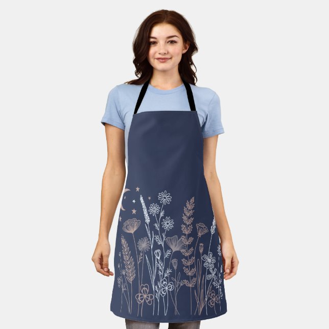 Tablier Illustration florale de ciel nocturne Boho – Lune, (Porté)