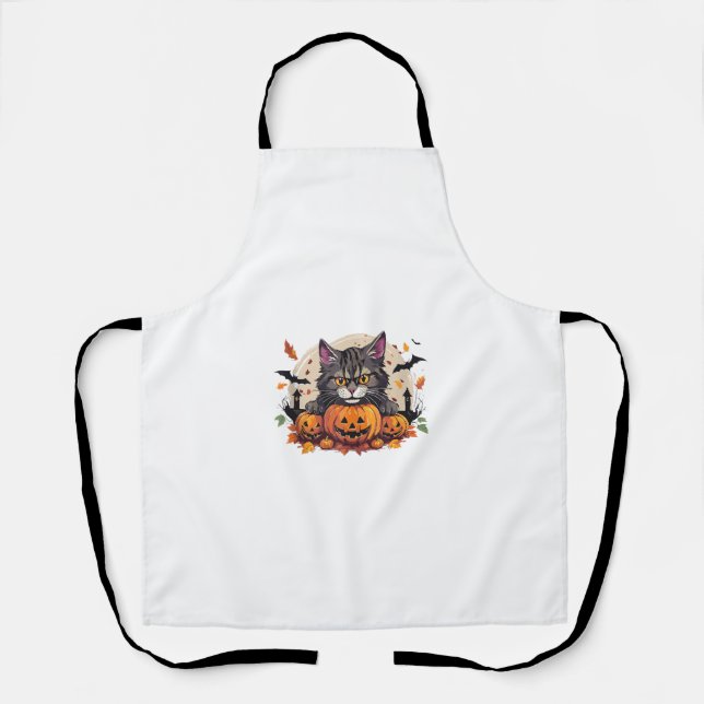Tablier Illustration Halloween Chat avec citrouille (Recto)