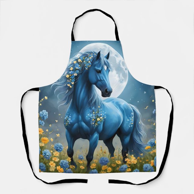 Tablier Imaginaire Bleu Magique Cheval Lune Fleurs, (Recto)
