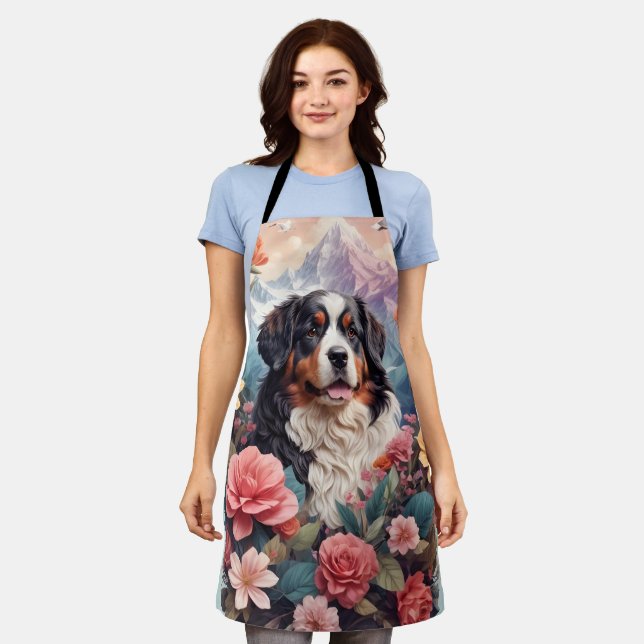 Tablier imaginaire floral 3D Bernese Mountain Dog Birds Vi (Porté)