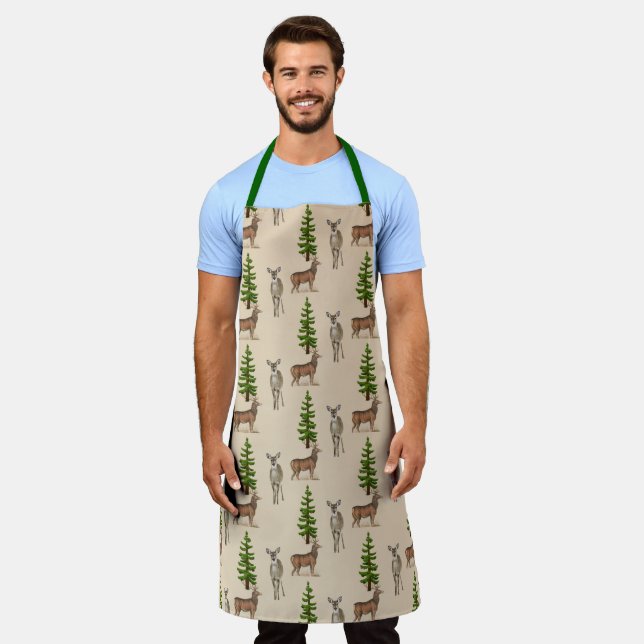 Tablier Impression Cerf Rustique et Arbre Toujours Vert -  (Porté)