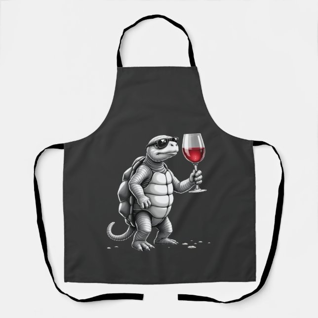 Tablier impression d'art de tortue cool buvant du vin roug (Recto)