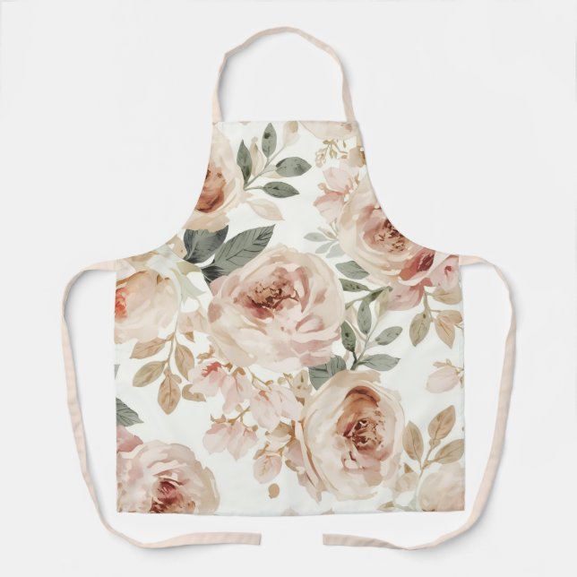 Tablier Impression florale aquarelle de roses roses botani (Recto)