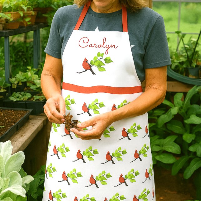 Tablier Impression personnalisée de cardinal sur l'ensembl (Personalized cardinal apron with name  red bird kitchen gift for gardeners, bird lovers, or cooks)
