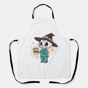 Tablier Infirmière Halloween avec café portant un chapeau 