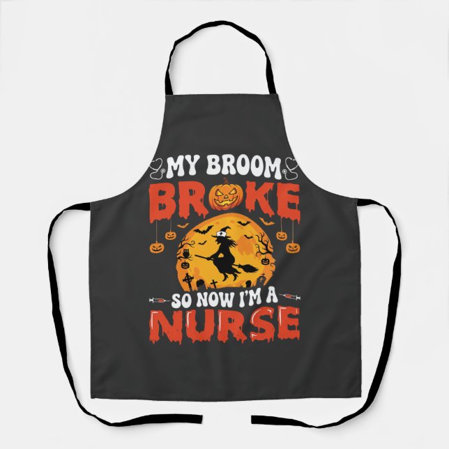 Tablier Infirmière Halloween Balai Cassé Sorcière Graphiqu (Recto)