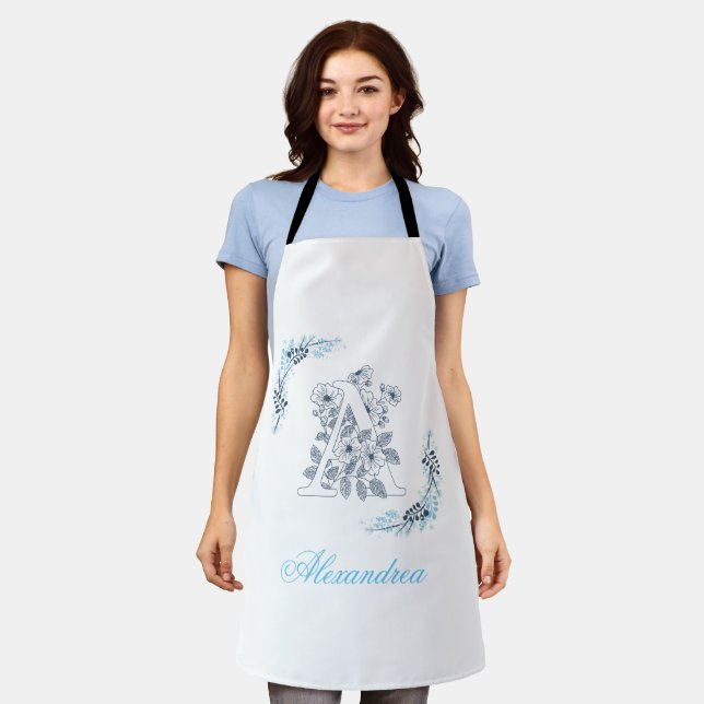Tablier Initiale "A" Monogramme bleu Calme Floral (Porté)