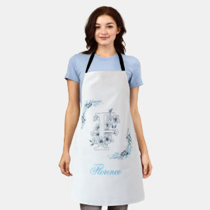 Tablier Initiale "F" Monogramme bleu Calme Floral