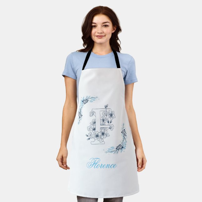 Tablier Initiale "F" Monogramme bleu Calme Floral (Porté)