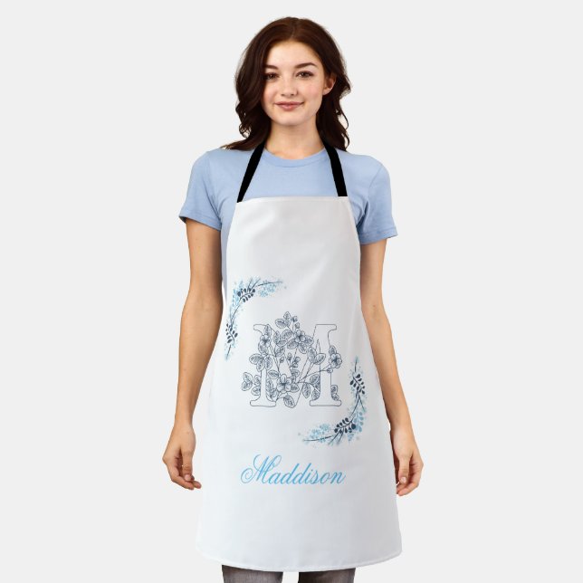 Tablier Initiale "M" Monogramme Bleu Calme Floral (Porté)