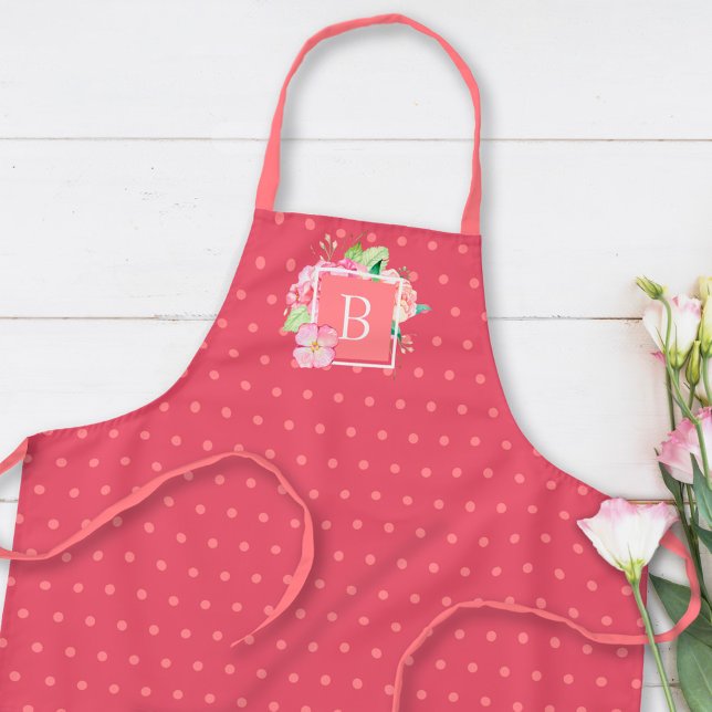 Tablier Initiale Monogrammée Aquarelle Florale Corail Rose (Créateur téléchargé)